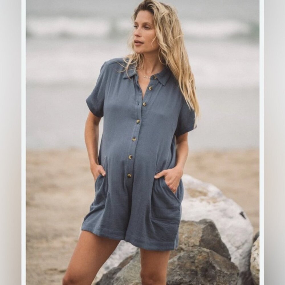 Hatch maternity Lenora gauze blue romper 2 medium